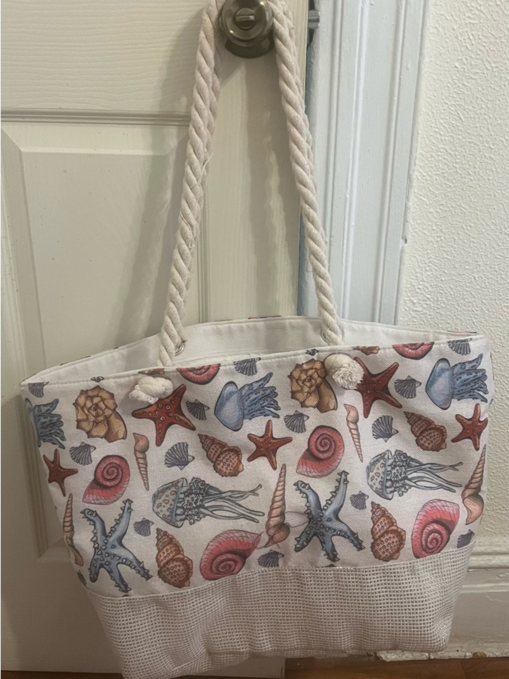 Cream Canvas Seaside Shell Tote with Rope Handles